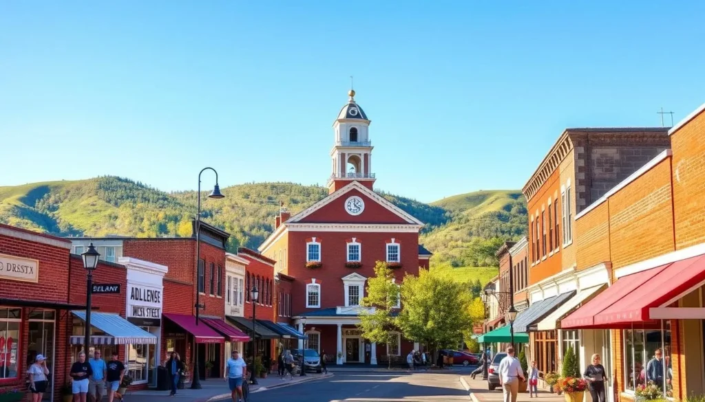 A charming small-town scene in Lewisburg, West Virginia on a bright, sunny day. In the foreground, quaint brick buildings with colorful awnings and flower-filled window boxes line a picturesque main street. Pedestrians stroll along the sidewalks, stopping to browse in local boutiques and cafés. In the middle ground, a historic courthouse with a distinctive clock tower stands as the centerpiece, its stately architecture basking in warm, golden light. The background reveals rolling green hills and a clear blue sky, creating a tranquil, postcard-worthy landscape. The overall atmosphere exudes the cozy, inviting character of this charming Appalachian town.