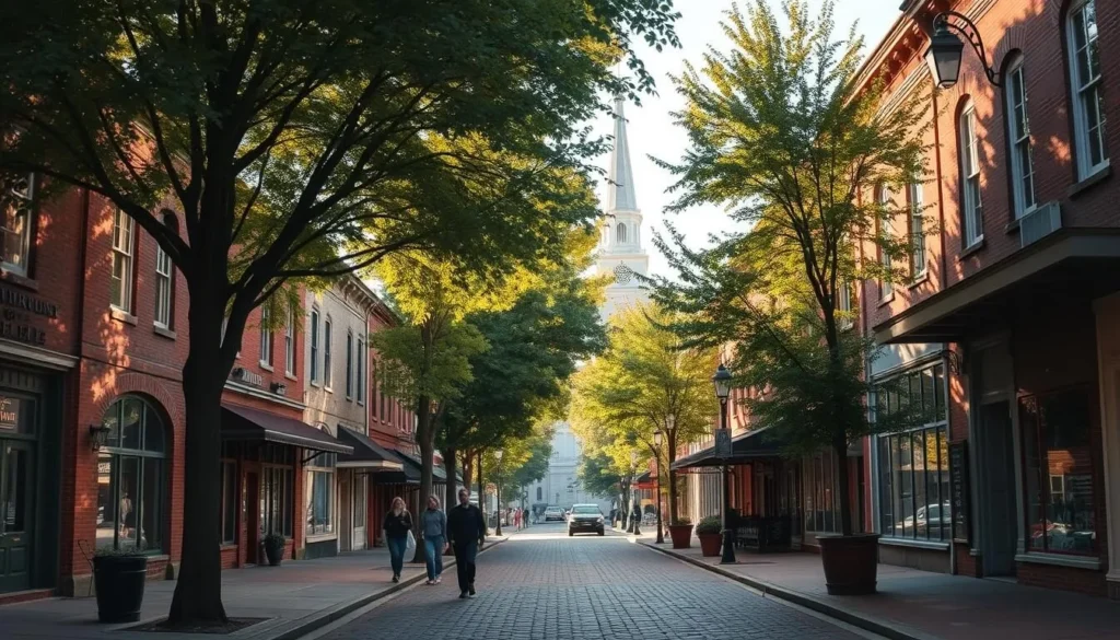 A charming small-town streetscape in historic Danville, Kentucky, bathed in warm, golden afternoon light. Quaint 19th-century brick buildings line the sidewalks, their facades adorned with ornate architectural details. Lush, verdant trees frame the scene, casting dappled shadows on the cobblestone road below. In the distance, the steeple of a classic white church rises majestically, a testament to Danville's deep-rooted heritage. Pedestrians stroll leisurely, adding to the tranquil, unhurried atmosphere. The overall impression is one of timeless elegance and a welcoming, small-town charm.