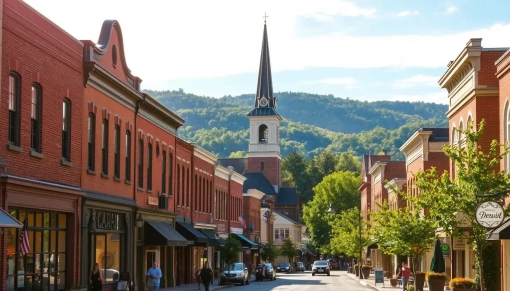 A charming southern town nestled in rolling hills, Greenville, Kentucky presents a picturesque scene. In the foreground, a quaint Main Street features historic brick buildings with ornate facades, their windows aglow with warm lighting. Pedestrians stroll along the sidewalks, taking in the local shops and cafes. In the middle ground, a steepled church tower rises above the rooftops, its classic architecture reflecting the town's heritage. The background is framed by lush, verdant hills and a cloudless, azure sky, casting a peaceful, tranquil atmosphere over the entire scene. Soft, golden sunlight filters through, lending a gentle, timeless charm to this hidden gem of the Bluegrass State.