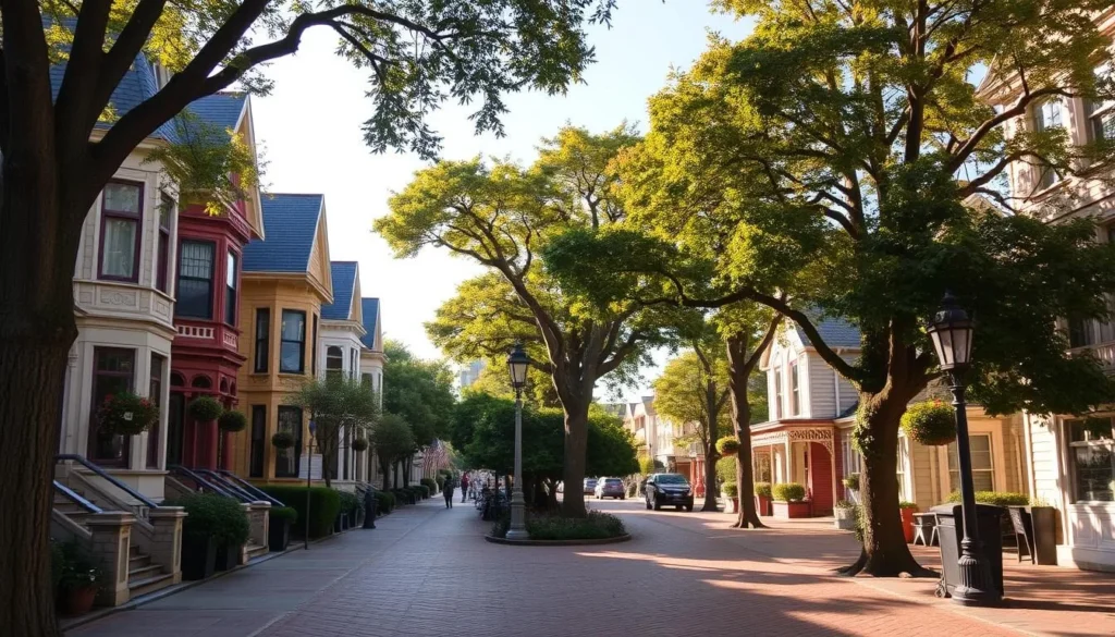 A charming street in the Victorian seaport town of Port Townsend, Washington. Elegant, well-preserved 19th-century homes line the sidewalks, their ornate facades and gables bathed in warm, golden afternoon light. Tall, leafy trees provide dappled shade, and a gentle sea breeze rustles through the lush foliage. Brick and stone walkways wind through the picturesque historic district, inviting leisurely exploration. The overall scene exudes a timeless, nostalgic atmosphere, transporting the viewer to the heyday of this quaint, coastal community.
