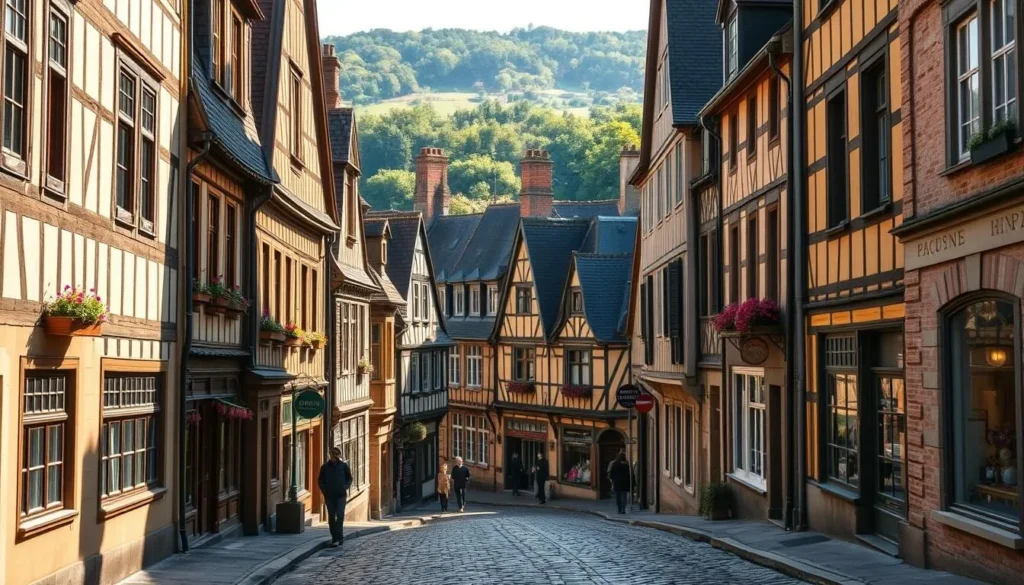 A charming street in the historic center of Rennes, France, lined with picturesque half-timbered houses bathed in warm, golden sunlight. The buildings feature intricate wooden frames and facades adorned with colorful flower boxes, creating a quaint, medieval ambiance. In the foreground, cobblestone pavement leads the viewer's gaze down the street, with occasional pedestrians strolling by. In the middle ground, the houses are nestled together, their roofs and chimneys creating a harmonious skyline. The background is filled with lush greenery, hinting at the nearby parks and gardens that surround this charming historic district. The scene conveys a sense of timeless elegance and the enduring legacy of Rennes' architectural heritage.