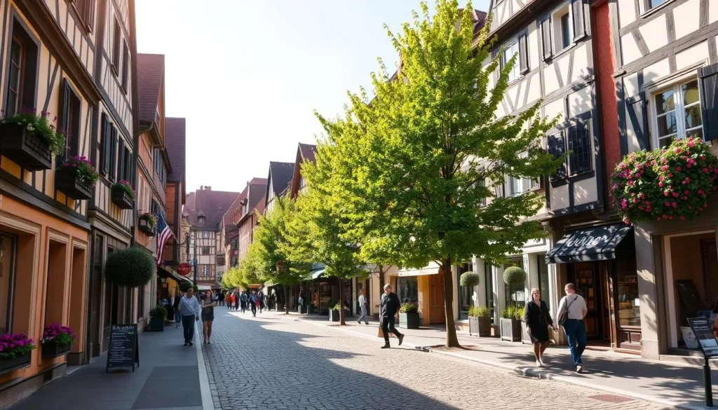A charming street in the historic city of Colmar, France, on a bright sunny day. Rows of colorful half-timbered buildings line the cobblestone road, their facades adorned with flower boxes and intricate architectural details. A gentle breeze rustles the trees lining the sidewalks, and pedestrians stroll leisurely, admiring the quaint, picturesque scene. Warm sunlight filters through the buildings, casting a warm glow over the entire street. The overall atmosphere exudes a sense of timeless, enchanting old-world European charm.