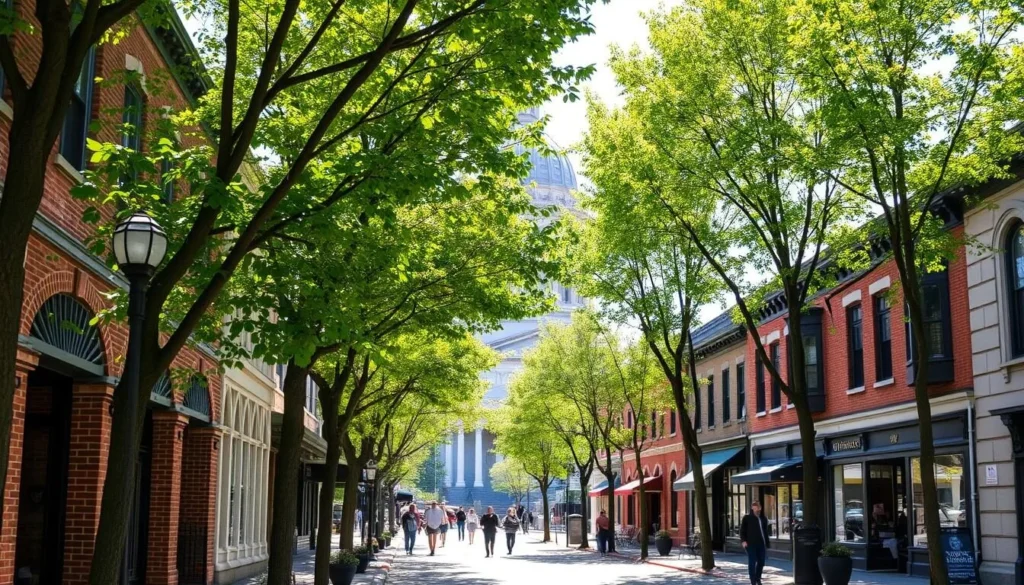 A charming streetscape in the historic heart of Olympia, Washington. Quaint brick and stone buildings from the late 19th century line the tree-lined sidewalks, their facades adorned with ornate architectural details. Sunshine filters through the leaves, casting a warm glow over the scene. Pedestrians stroll leisurely, window-shopping at the local boutiques and cafes. In the distance, the stately capitol building's dome rises above the rooftops, a testament to the city's storied past. Capture the timeless elegance and community spirit of this picturesque downtown district.