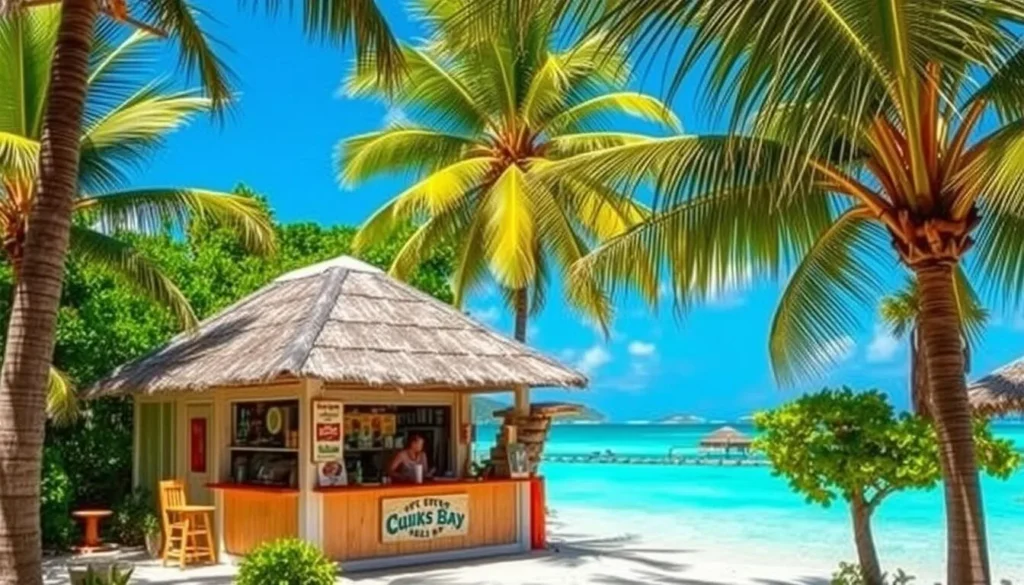 A charming, sun-drenched concession stand nestled in the lush tropical foliage of Trunk Bay, St. John, U.S. Virgin Islands. A thatched-roof structure with vibrant pastel walls, inviting customers to sample local delicacies and refreshing beverages. The stand is flanked by palm trees swaying gently in the warm breeze, and the crystal-clear turquoise waters of the famous beach can be glimpsed in the background. A picturesque scene that perfectly captures the easygoing, island vibe of this idyllic Caribbean locale.