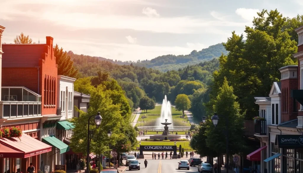 A charming, sun-drenched scene of Saratoga Springs, New York. In the foreground, a bustling Main Street lined with quaint shops, cafes, and historic architecture, exuding a sense of small-town allure. In the middle ground, the iconic Congress Park comes into view, its lush greenery and elegant fountains inviting visitors to stroll and explore. Beyond, the rolling hills and dense forests of the Adirondacks provide a picturesque backdrop, bathed in warm, golden light filtered through wispy clouds. An atmosphere of relaxation and timeless elegance permeates the scene, capturing the charming essence of this beloved upstate destination.