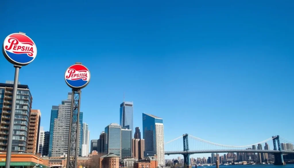A cityscape of Long Island City, New York on a bright, sunny day. In the foreground, the iconic Pepsi-Cola sign stands tall against the clear blue sky, its neon glow reflecting on the East River. In the middle ground, the sleek, modern architecture of residential and commercial buildings rises up, their glass facades gleaming. In the background, the striking silhouette of the Queensboro Bridge spans the water, connecting Long Island City to Manhattan. The scene is captured with a wide-angle lens, emphasizing the scale and grandeur of this thriving urban center. The overall mood is one of vibrancy, progress, and the juxtaposition of old and new.