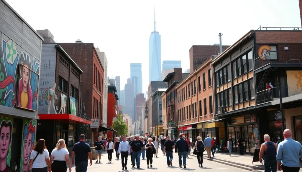A cityscape of Long Island City, New York, showcasing the vibrant art galleries and studios. In the foreground, a group of people stroll along a lively street, admiring the colorful murals and sculptures adorning the building facades. The middle ground features the distinctive architecture of the galleries, with large windows and modern design elements. In the background, the iconic skyscrapers of Manhattan rise up, creating a striking contrast between the urban landscape and the artistic enclave. The scene is bathed in warm, natural lighting, lending a welcoming and inviting atmosphere. The overall composition captures the dynamic intersection of art, culture, and city life that defines Long Island City's thriving creative community.