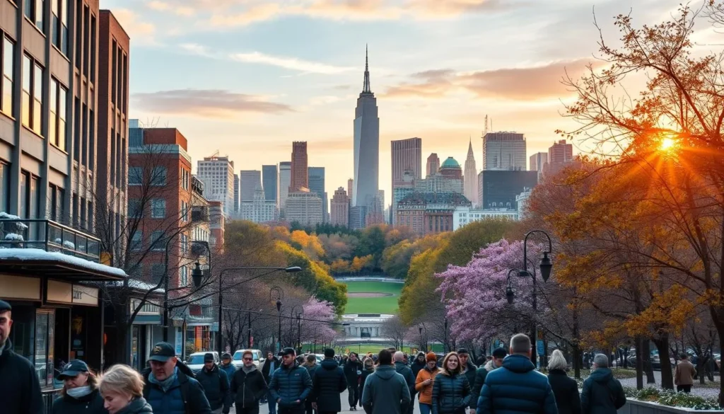A cityscape of Manhattan Island in New York City, showcasing the distinct seasonal experiences throughout the year. In the foreground, people stroll along a bustling street, bundled up in warm coats and scarves during the crisp, snowy winter. In the middle ground, lush greenery and blooming flowers fill Central Park, capturing the vibrant energy of spring. The background features the iconic skyscrapers and landmarks, bathed in the golden hues of an autumnal sunset. The scene is illuminated by natural, soft lighting, creating a picturesque and inviting atmosphere that captures the diverse character of the city across the seasons. A cityscape of Manhattan Island in New York City, showcasing the distinct seasonal experiences throughout the year. In the foreground, people stroll along a bustling street, bundled up in warm coats and scarves during the crisp, snowy winter. In the middle ground, lush greenery and blooming flowers fill Central Park, capturing the vibrant energy of spring. The background features the iconic skyscrapers and landmarks, bathed in the golden hues of an autumnal sunset. The scene is illuminated by natural, soft lighting, creating a picturesque and inviting atmosphere that captures the diverse character of the city across the seasons.