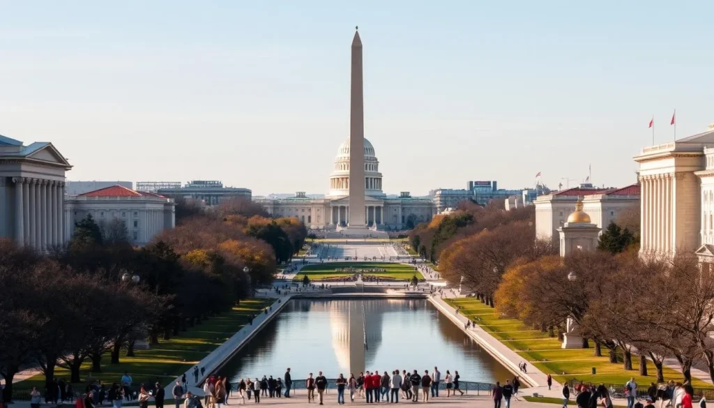 A cityscape of Washington, DC on a sunny day, with the iconic Washington Monument standing tall in the center, surrounded by the grand neoclassical architecture of the National Mall. In the foreground, tourists stroll along the tree-lined paths, taking in the sights and sounds of the nation's capital. The middle ground features the reflecting pool, its still waters mirroring the majestic buildings and monuments. In the background, the U.S. Capitol building dominates the skyline, its grand dome a symbol of American democracy. The scene is bathed in warm, golden light, creating a sense of optimism and national pride.