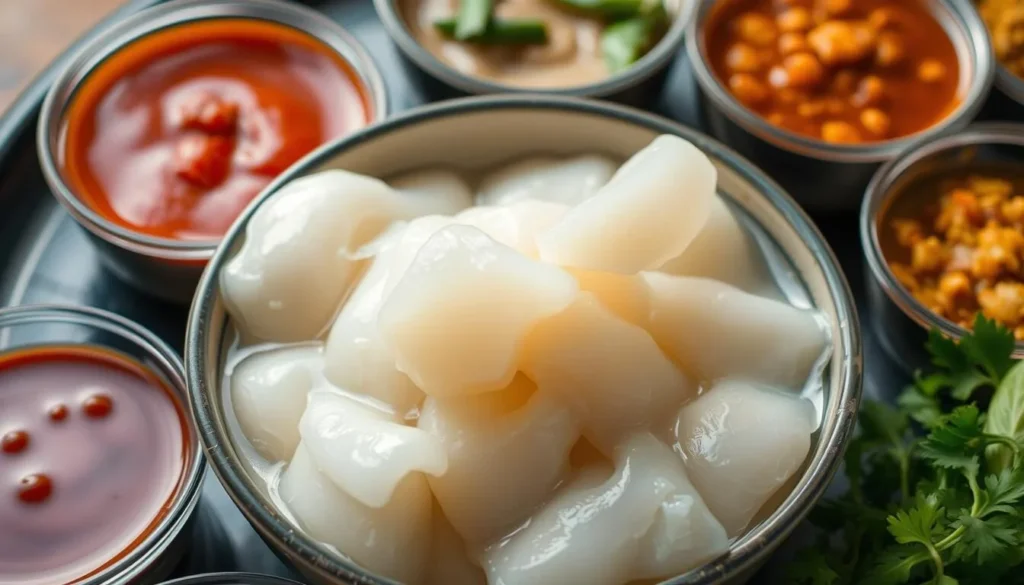 A close-up, detailed shot of a traditional Bruneian dish called Ambuyat. The centerpiece is a bowl filled with a sticky, translucent starch made from the sago palm, accompanied by a variety of dipping sauces and condiments arranged neatly around it. Soft, natural lighting illuminates the scene, highlighting the intricate textures and vibrant colors of the dish - the pale, gooey ambuyat, the deep red of a spicy sambal, the bright green of fresh herbs. The composition emphasizes the cultural significance and culinary artistry of this beloved national dish, inviting the viewer to appreciate its unique flavors and traditions.