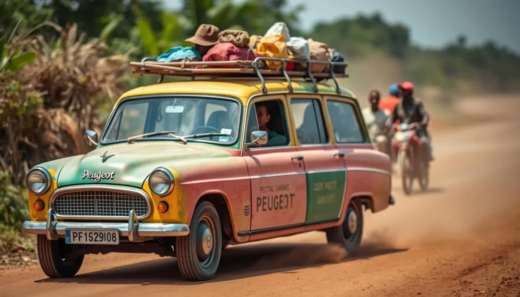 A colorful Malian bush taxi (sept-place) loaded with passengers and luggage