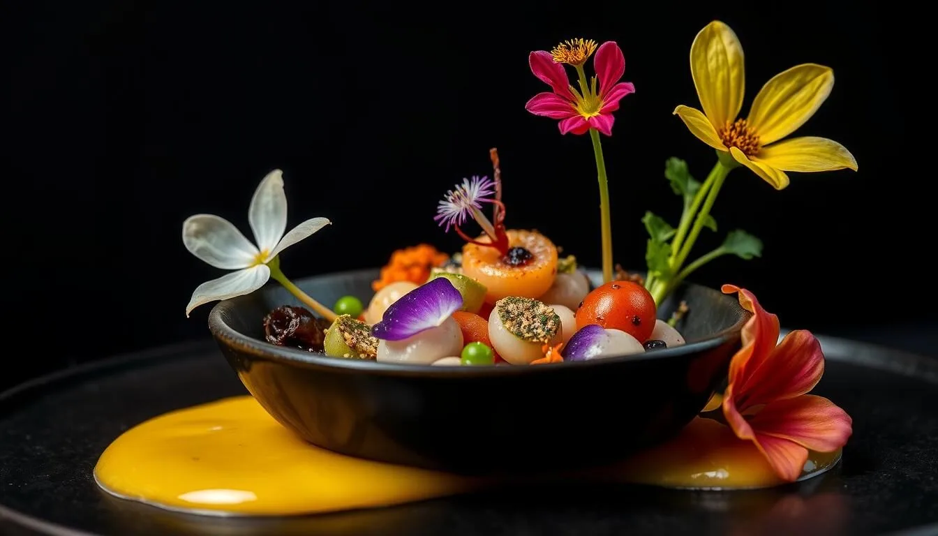 A colorful, avant-garde dish from one of Washington DC's weird dining experiences featuring edible flowers and unusual textures