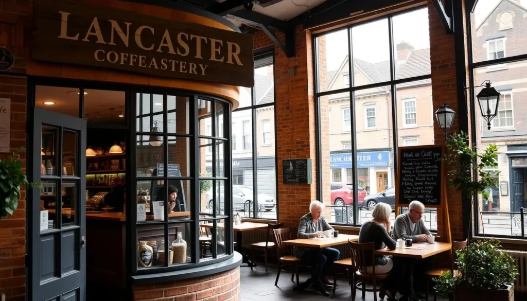 A cozy and inviting Lancaster coffee roastery nestled in a charming English town. The front facade features warm-toned brickwork, large windows, and a quaint wooden sign. Inside, the space is filled with the rich aroma of freshly roasted beans, with customers seated at wooden tables enjoying their cups of specialty brew. Soft natural light filters in through the windows, creating a welcoming and relaxed atmosphere. In the background, the historic architecture of Lancaster's city center can be seen, adding to the authentic local feel. The overall scene captures the essence of a beloved, community-driven coffee shop that celebrates the art of craft roasting.