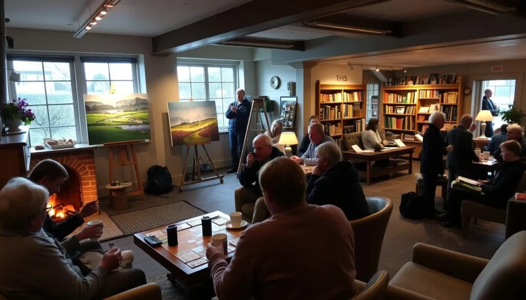 A cozy indoor scene in Plymouth, England, showcasing a variety of engaging activities for rainy days. In the foreground, a group of friends sipping hot drinks and playing board games by a crackling fireplace, the warm lighting casting a soft glow. In the middle ground, an art studio with an artist painting a vibrant landscape, sunlight streaming through large windows. In the background, a bookshop bustling with patrons browsing shelves and reading by the fireside. The atmosphere is inviting, peaceful, and quintessentially British, capturing the charm of Plymouth's indoor diversions on a gray, drizzly day.
