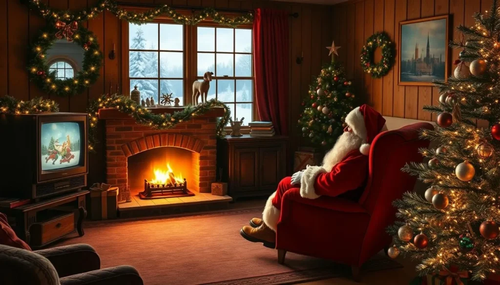 A cozy living room on a winter's day, with a warm fireplace casting a soft glow. In the center, a plush armchair where Santa Claus sits, watching a classic Christmas movie playing on a vintage television. Garlands and twinkling lights adorn the mantel, and a glistening tree stands in the corner, its ornaments reflecting the flickering flames. Through the window, a snowy landscape can be seen, adding to the festive atmosphere. The scene exudes a sense of nostalgia and holiday cheer, perfectly capturing the spirit of Santa Claus and the beloved Christmas movies that capture his magic.