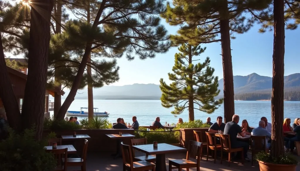 A cozy outdoor dining area nestled along the picturesque shoreline of Big Bear Lake, California. Rustic wooden tables and chairs surrounded by lush greenery and towering pine trees, creating a serene and tranquil atmosphere. Warm sunlight filters through the canopy, casting a gentle glow over the scene. In the background, the placid lake reflects the majestic mountains, creating a breathtaking vista. Patrons enjoy local cuisine and craft beverages, savoring the scenic views and the peaceful ambiance of this charming lakeside setting.