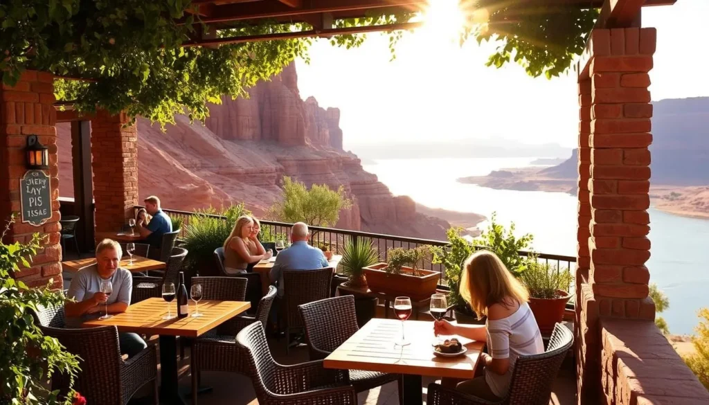 A cozy outdoor dining terrace overlooking the serene waters of Lake Powell, nestled against the majestic red rock cliffs of Page, Arizona. Warm natural light filters through the shade of a trellis, casting a gentle glow on the wooden tables and wicker chairs. In the foreground, a group of friends enjoy a leisurely meal, sipping local wines and savoring regional cuisine. The middle ground features lush greenery and potted plants, complementing the earthy tones of the stone architecture. In the distance, the lake stretches out, its shimmering surface reflecting the rugged beauty of the surrounding landscape. An idyllic scene of relaxation and culinary delight, perfectly capturing the essence of dining in this scenic desert oasis.