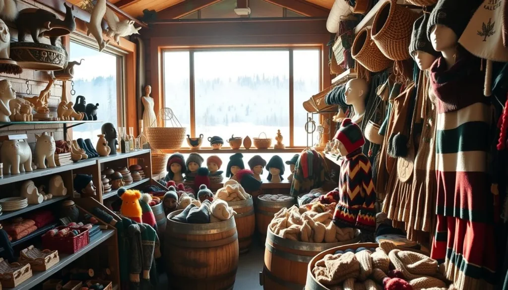 A cozy, rustic Alaskan gift shop filled with an array of unique handcrafted souvenirs on a sunlit day. In the foreground, display shelves showcase intricate Inuit carvings, vibrant woven baskets, and plush fur-lined accessories. In the middle ground, wooden barrels overflow with local knitted hats, mittens, and socks. In the background, a large picture window reveals a picturesque snowy landscape, adding to the authentic Alaskan ambiance. The lighting is warm and natural, highlighting the textures and colors of the merchandise. The overall scene conveys a sense of cozy, rustic charm that captures the essence of Alaskan culture and craftsmanship.