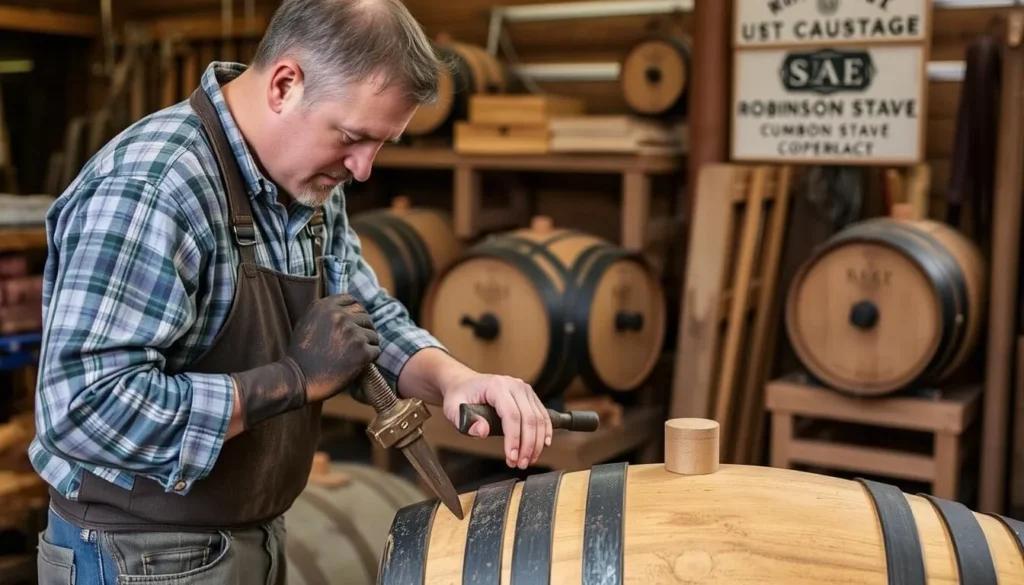 A craftsman making a bourbon barrel at Robinson Stave Cumberland Cooperage
