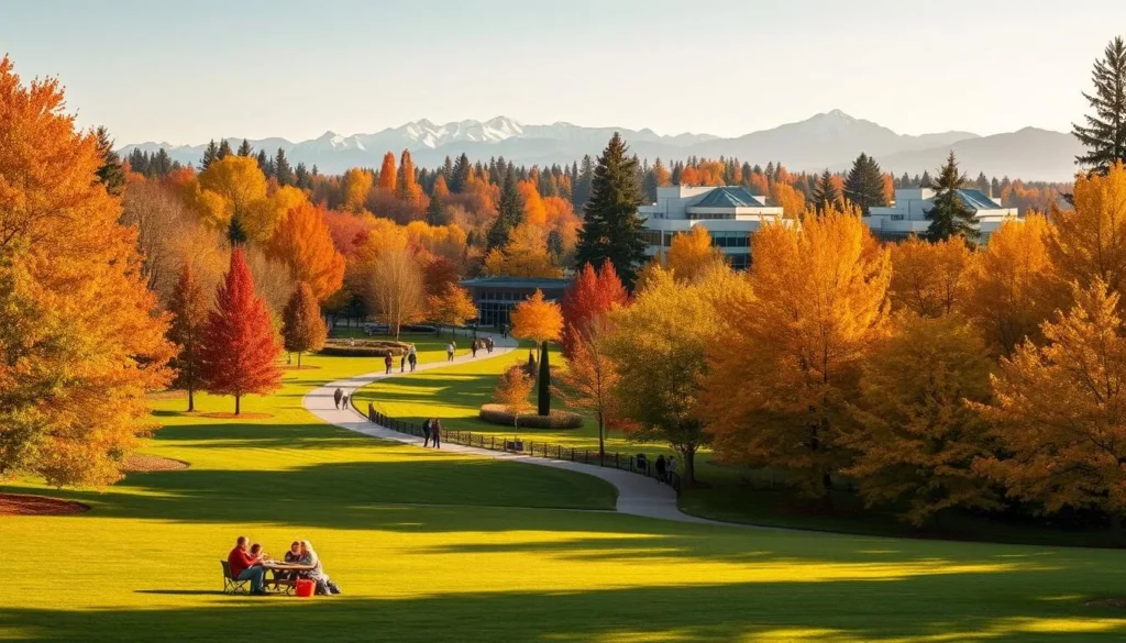 A crisp autumn day in Redmond, Washington. A lush, verdant park in the foreground, with families enjoying a picnic on the grass. In the middle ground, people strolling along a winding path, surrounded by vibrant fall foliage in shades of red, orange, and yellow. In the background, the iconic Microsoft campus buildings and the snow-capped Cascade Mountains, bathed in warm, golden light. The scene exudes a sense of community, recreation, and the natural beauty that defines the Redmond experience.