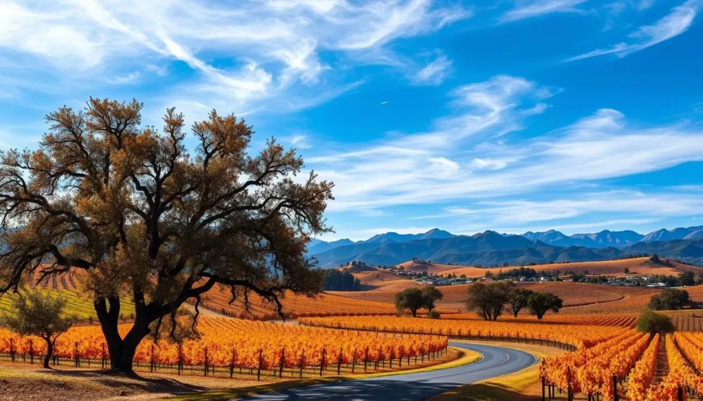 A crisp autumn day in the heart of Temecula's wine country. Lush vineyards stretch across the rolling hills, their leaves ablaze with vibrant shades of orange, red, and gold. In the foreground, a quaint country road winds through the landscape, flanked by towering oak trees whose branches cast delicate patterns of light and shadow. The sky overhead is a stunning azure, with wispy clouds drifting lazily above. In the distance, the majestic silhouettes of the Santa Ana Mountains rise up, providing a dramatic backdrop to the serene pastoral scene. The overall atmosphere evokes a sense of peaceful tranquility, perfectly capturing the essence of autumn in Temecula.