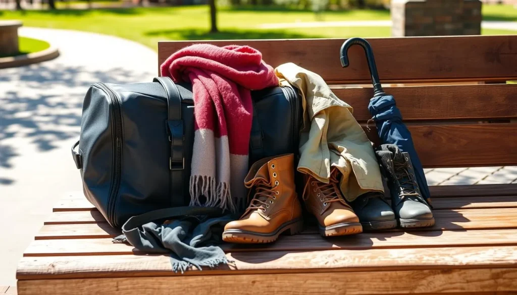 A crisp, sunny day in Lansing, Michigan. A neatly arranged travel bag sits on a wooden bench, surrounded by a collection of essential items - a warm scarf, a lightweight jacket, a sturdy pair of boots, and an umbrella. The scene is bathed in soft, natural lighting, showcasing the varied textures and colors of the items. In the background, a glimpse of a lush, green park can be seen, hinting at the diverse outdoor activities available in the city. The overall mood is one of preparedness and adventure, capturing the essence of a weather-savvy trip to Lansing.