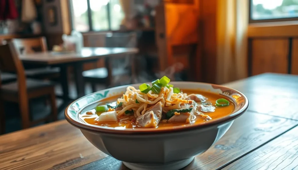 A delectable bowl of La Paz Batchoy, a famous Filipino soup from Iloilo City, resting on a wooden table. The rich, golden broth is filled with tender slices of pork, crisp pork cracklings, and fresh green onions, garnished with a sprinkle of toasted garlic. The scene is bathed in warm, natural light, casting a cozy, inviting atmosphere. The table is set against a backdrop of a quaint, rustic interior, hinting at the local charm and culinary heritage of Iloilo. This mouthwatering dish is the perfect representation of the vibrant food culture that awaits food lovers in this enchanting Philippine city.