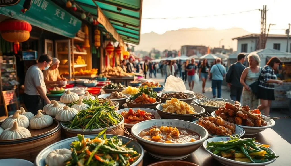 A delightful scene of Bai cuisine in the vibrant city of Dali, China. In the foreground, a table overflows with an array of tantalizing local dishes - fragrant steamed buns, savory stir-fried greens, and succulent meat skewers. The middle ground showcases the lively atmosphere of a bustling open-air market, with vendors and shoppers moving amid colorful stalls. In the background, the iconic silhouette of Cangshan Mountains rises, bathed in warm afternoon sunlight. The image conveys the rich culinary heritage and captivating ambiance that make Dali a must-visit destination for food enthusiasts.