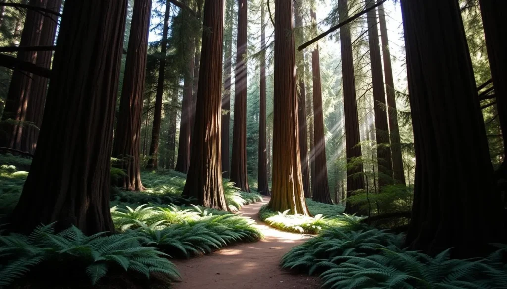 A dense and verdant forest of towering, ancient redwood trees stands in the dappled sunlight of Muir Woods National Monument. The massive, reddish-brown trunks reach skyward, their upper canopies filtering the warm rays and casting long shadows across the lush, fern-covered forest floor. A meandering dirt trail winds through the serene, cathedral-like landscape, inviting visitors to immerse themselves in the timeless tranquility of this natural wonder. Soft, diffused lighting creates a peaceful, contemplative atmosphere, accentuating the grandeur and timeless beauty of these majestic, towering giants.