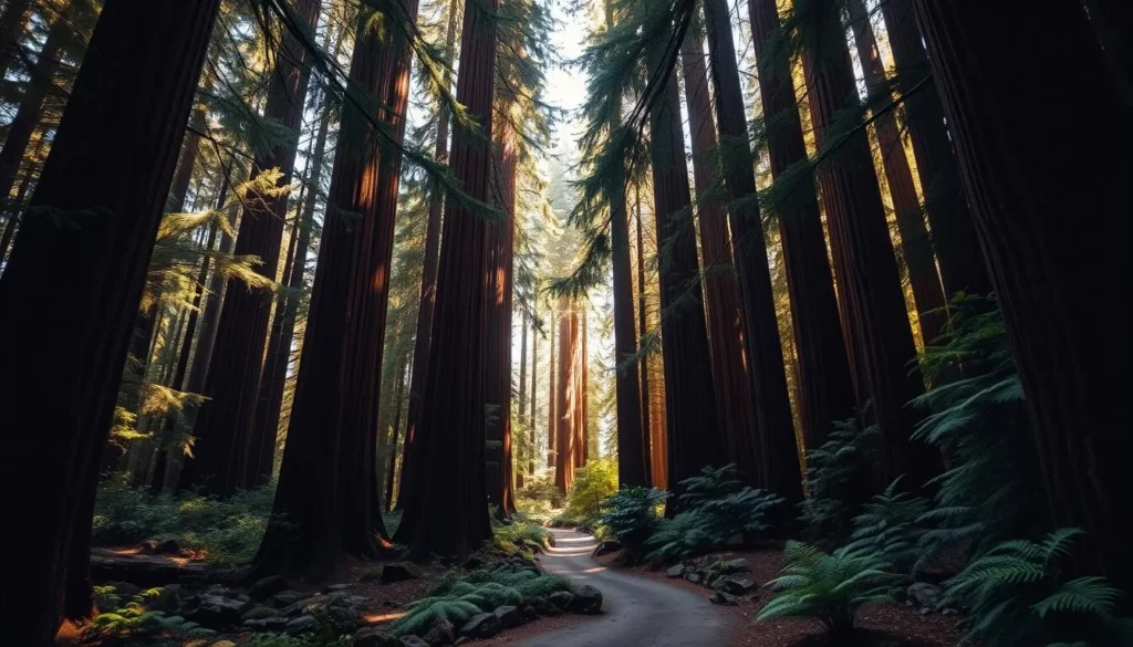 A dense, lush forest of towering redwood trees, their reddish-brown trunks reaching skyward. Dappled sunlight filters through the canopy, casting a warm, golden glow over the scene. In the foreground, a winding path leads deeper into the forest, flanked by ferns and mossy rocks. The air is thick with the earthy scent of damp soil and the soothing sounds of rustling leaves. A serene and enchanting atmosphere pervades the Bohemian Grove, a hidden natural sanctuary tucked away from the outside world.