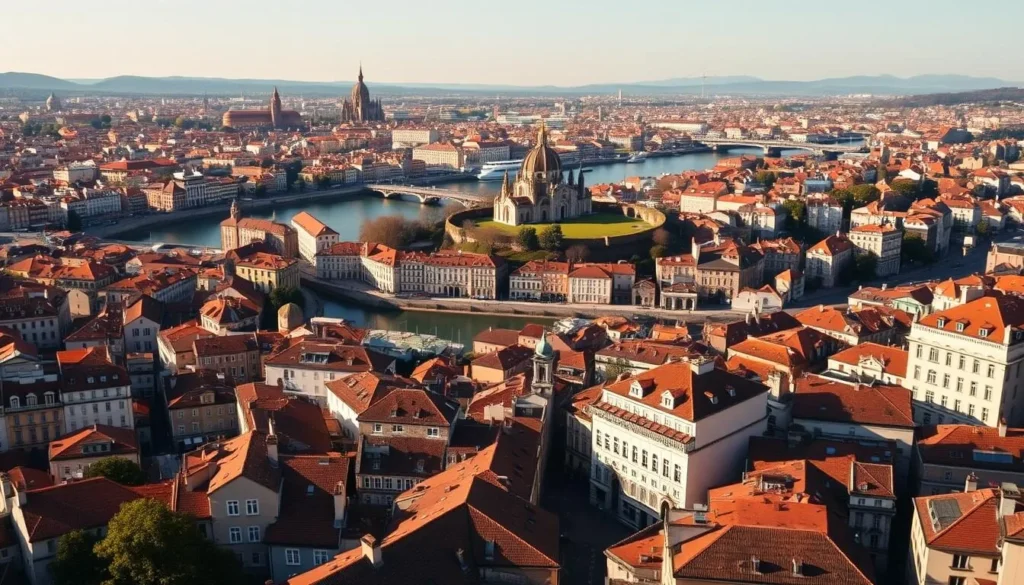 A detailed cityscape of Lyon, France on a sunny day. A panoramic view from a high vantage point, showcasing the iconic architecture, winding streets, and the Rhône River flowing through the center. Capture the historic charm and vibrancy of the city, with the Basilica of Notre-Dame de Fourvière prominently featured in the background. Render the scene with a warm, golden-hour lighting that casts long shadows and highlights the terracotta rooftops. Use a wide-angle lens to convey a sense of depth and scale, allowing the viewer to appreciate the city's layout and geography. Depict the scene with a realistic, photographic quality, without any overlaid text or graphics.