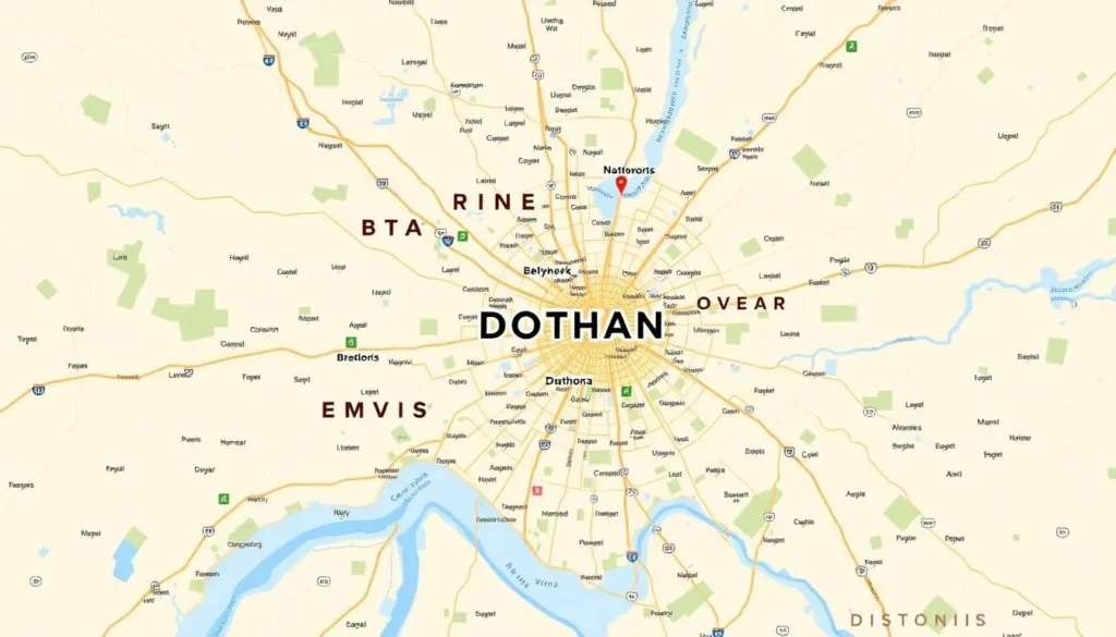 A detailed, high-resolution map of the Dothan area, showcasing the city's key landmarks, major roads, and surrounding geography. Render the map with a clean, minimalist aesthetic and a light, airy color palette, conveying a sense of clarity and accessibility. Depict the map from an overhead perspective, with a lens that captures the full scope of the region in a visually appealing and informative way. Ensure the level of detail is appropriate for use in a travel guide, striking a balance between comprehensive information and visual clarity.
