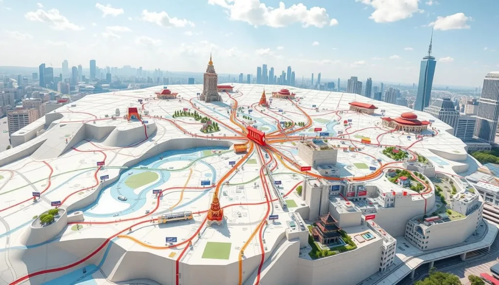 A detailed, high-resolution map of the Nanjing Metro system, showcasing the extensive network of subway lines, stations, and landmarks. Depicted on a sunny day, the map is presented with a clean, modern aesthetic, highlighting the efficient transportation infrastructure that connects the key destinations across the vibrant city of Nanjing. The map is displayed in a three-dimensional perspective, allowing viewers to visually navigate the routes and understand the spatial relationships between the different lines and stations. The overall image conveys a sense of accessibility and ease of movement, reflecting the importance of the metro system in facilitating the exploration of Nanjing's top attractions and activities.