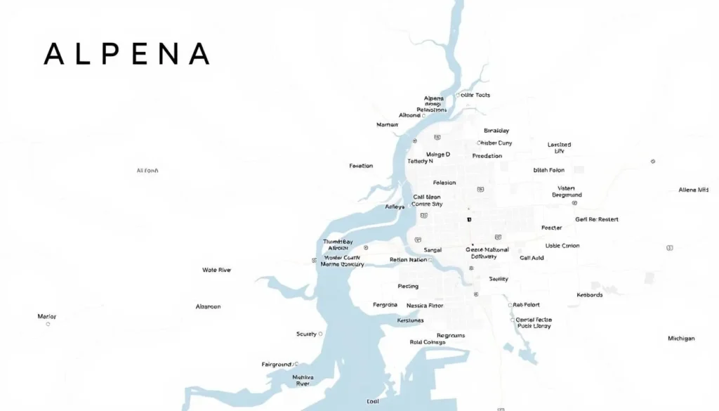 A detailed map of Alpena, Michigan, showcasing the city's key landmarks and geographical features. The map should have a clean, minimalist aesthetic, with crisp lines, muted colors, and a focus on clarity and legibility. Depict the city's location along the shores of Lake Huron, with the Thunder Bay River winding through the center. Include major highways, roads, and the municipal airport. Highlight popular destinations like the Thunder Bay National Marine Sanctuary, the Alpena County George N. Fletcher Public Library, and the Alpena County Fairgrounds. Render the map with a neutral, overcast lighting to create a calm, informative atmosphere, suitable for inclusion in a travel guide.