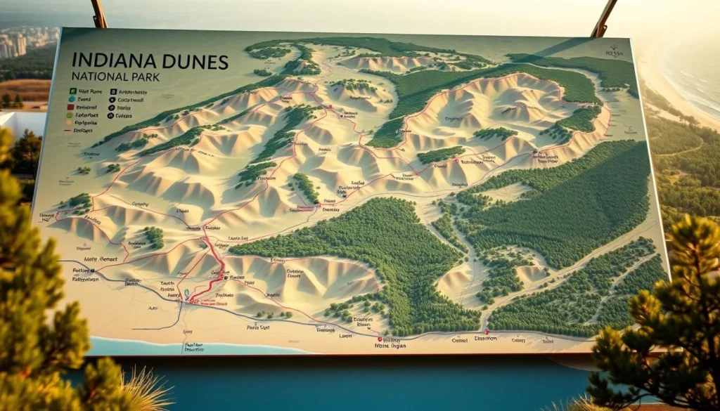 A detailed map of Indiana Dunes National Park, showcasing its diverse landscapes and key points of interest. The map is displayed in a realistic, topographic style, highlighting the park's rolling sand dunes, lush forests, and pristine beaches along the shores of Lake Michigan. The scene is bathed in warm, natural lighting, creating a serene and inviting atmosphere. The map is presented in a clear, easy-to-read format, with prominent landmarks and trails clearly marked, allowing visitors to plan their exploration of this unique natural wonder.