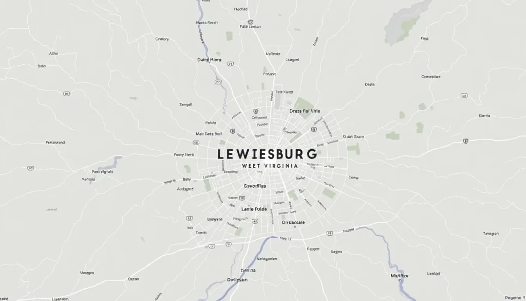 A detailed map of Lewisburg, West Virginia, showcasing the city's key landmarks, roads, and surrounding terrain. The map is presented with a clean, minimalist design, featuring crisp cartographic lines, accurate geographical details, and a muted color palette that evokes the region's natural beauty. The map is displayed from an overhead perspective, creating a bird's-eye view that allows the viewer to easily navigate and locate the various points of interest. The overall mood is one of clarity and practicality, reflecting the information's purpose of guiding visitors to the city.