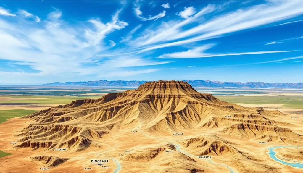 A detailed topographical map of Dinosaur Provincial Park, Alberta, Canada, showcased against a backdrop of a clear blue sky with wispy clouds. The foreground depicts the diverse landscape of the park, including rugged badlands, rolling hills, and meandering river valleys. The middle ground highlights the major landmarks and trails, inviting the viewer to explore the region's rich paleontological and geological wonders. The background features the surrounding prairie and distant mountain ranges, creating a sense of scale and tranquility. Render this scene with a classic cartographic style, using muted, earthy tones to capture the park's natural beauty. Illuminate the map with soft, directional lighting to accentuate the topographical details and create a welcoming, informative visual experience.