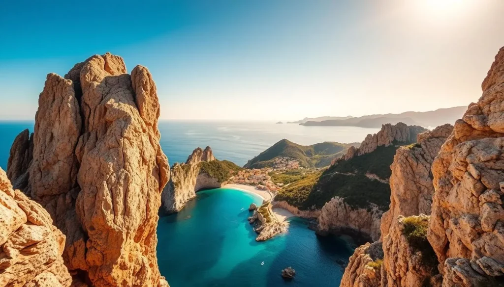 A dramatic coastal landscape in Mallorca, Spain, with towering cliffs and crystal-clear turquoise waters. In the foreground, rugged rock formations jut out against a bright, sun-dappled sky. The middle ground features a winding, scenic road leading to a picturesque seaside village nestled in the cove below. In the distance, the horizon is dotted with lush, verdant hills and mountains. The scene is bathed in warm, golden light, creating a serene and awe-inspiring atmosphere. Captured with a wide-angle lens to showcase the grandeur of the location, this image perfectly encapsulates the "Spectacular Viewpoints" of Mallorca's Cap de Formentor and Sa Calobra.