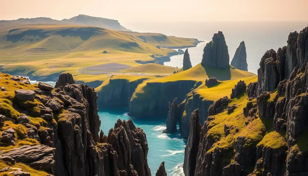 A dramatic, sweeping vista of the Faroe Islands' natural wonders. In the foreground, jagged, moss-covered cliffs plunge into a turquoise sea, their ragged edges carved by centuries of wind and waves. In the middle ground, verdant rolling hills dotted with vibrant wildflowers stretch towards the horizon. Towering sea stacks rise up from the depths, their weathered, otherworldly forms silhouetted against a bright, hazy sky. The scene is illuminated by warm, golden natural light, casting a tranquil, serene atmosphere. Capture the rugged, dramatic beauty of this remote, untamed landscape.