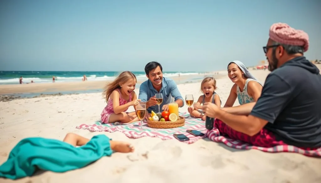 A family enjoying a picnic at Farkeh Beach in Al Khor