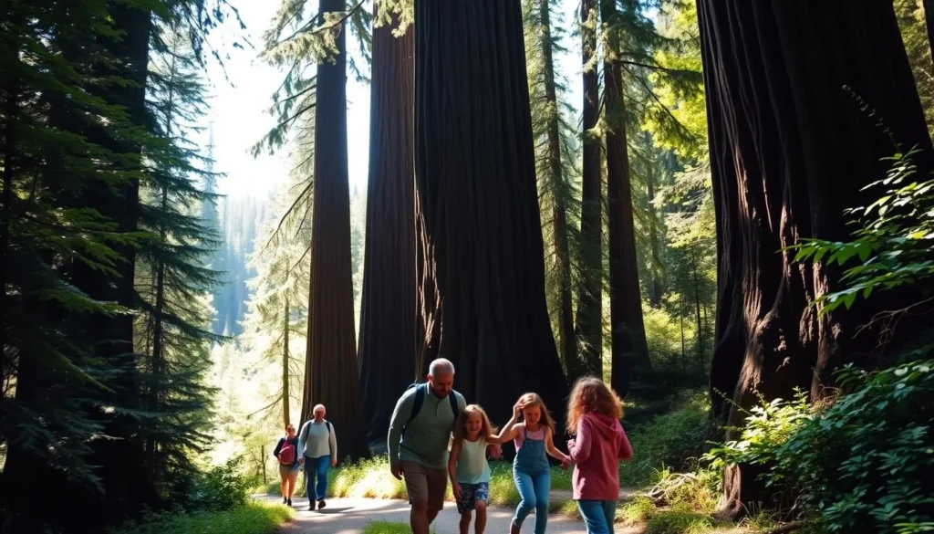 A family hiking along a lush, winding trail in Redwood National Park, surrounded by the towering, ancient redwood trees. The dappled sunlight filters through the dense foliage, casting a warm, natural glow on the scene. In the foreground, a group of adults and children navigate the well-maintained path, their expressions filled with wonder and excitement. The middle ground showcases the sheer scale of the redwoods, their massive trunks reaching skyward. In the background, a glimpse of the park's verdant landscape, hinting at the hidden wonders that await further exploration. Capture the serene, family-friendly atmosphere of this iconic California destination.