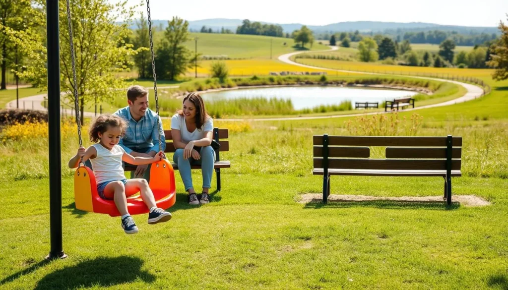 A family of four - two parents and two children, a boy and a girl - enjoying a sunny day at a picturesque park in Carmel, Indiana. In the foreground, the children are playing on a colorful, modern playground with swings and a slide, surrounded by lush green grass. In the middle ground, the parents are relaxing on a wooden bench, watching their kids with warm smiles. The background features a serene pond or small lake, with a walking path winding around it, and in the distance, there are rolling hills and trees, creating a peaceful, pastoral scene. The lighting is soft and natural, conveying a sense of tranquility and family togetherness.