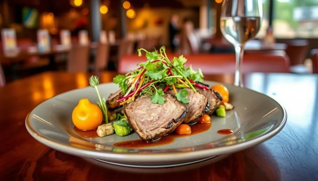 A gourmet dish featuring native Australian ingredients at a restaurant in Yulara, Best Things to Do in Yulara, Northern Territory A gourmet dish featuring native Australian ingredients at a restaurant in Yulara, Best Things to Do in Yulara, Northern Territory