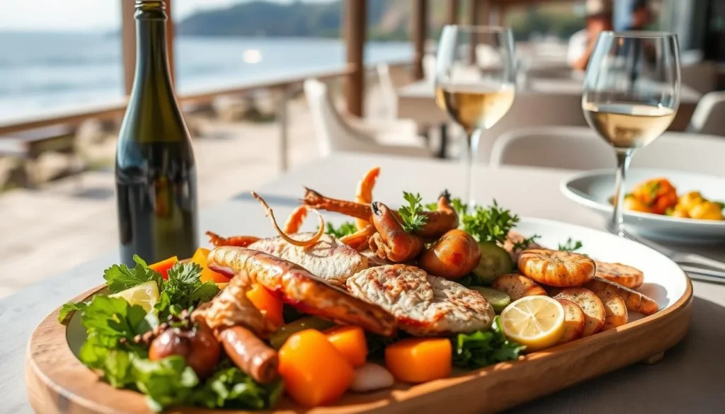 A gourmet platter of Norfolk Island local produce including fresh seafood, locally grown vegetables, and Norfolk Island pine-smoked meats served at an outdoor restaurant with ocean views A gourmet platter of Norfolk Island local produce including fresh seafood, locally grown vegetables, and Norfolk Island pine-smoked meats served at an outdoor restaurant with ocean views
