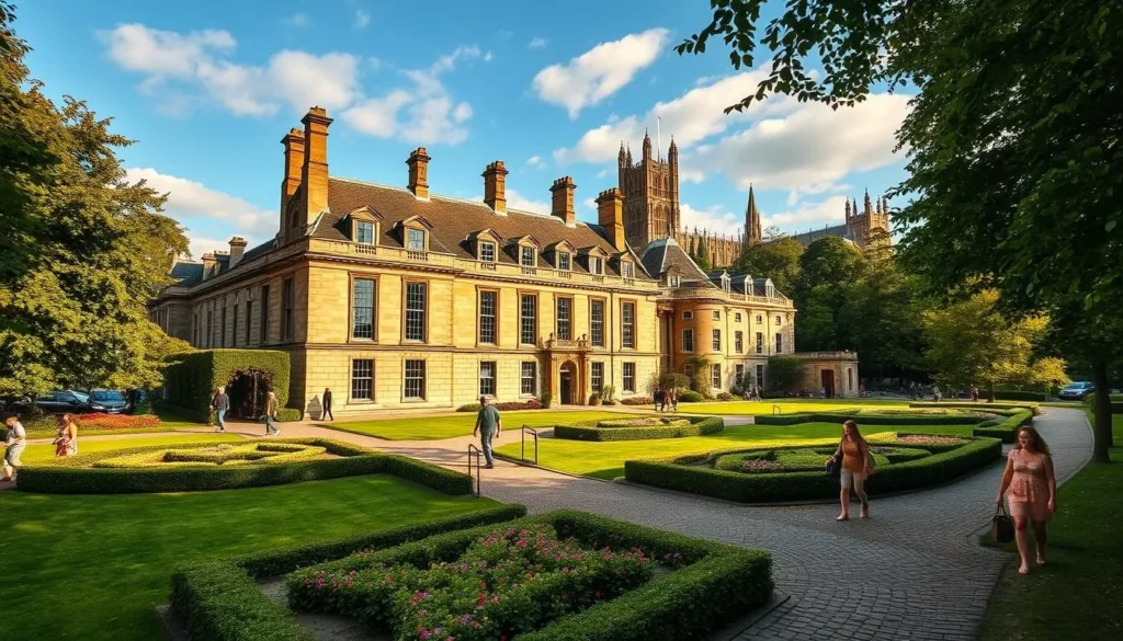 A grand Georgian palace nestled on the verdant Palace Green, its honey-hued stone façade bathed in warm afternoon sunlight. Manicured hedgerows and lush flower beds frame the stately building, creating a picturesque scene. Visitors stroll leisurely along the cobblestone paths, admiring the striking architecture and the tranquil atmosphere. In the distance, the iconic Durham Cathedral towers majestically, its Gothic spires reaching towards the azure sky. This idyllic setting, captured through a wide-angle lens, evokes the timeless charm and historic character of Durham's city center.