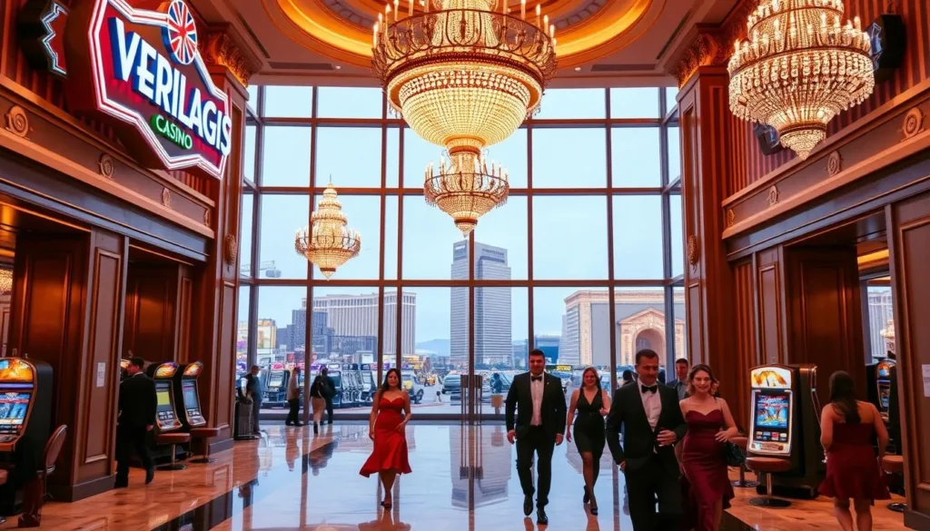 A grand Las Vegas casino entrance, with neon-lit marquees and ornate architectural details. Elegant people dressed in formal attire stroll along the marble floors, under the warm glow of crystal chandeliers. The atmosphere is vibrant, with the sounds of slot machines and laughter filling the air. Outside, the city skyline is visible through floor-to-ceiling windows, creating a seamless transition between the casino and the bustling urban landscape. The scene exudes a sense of luxury, excitement, and the thrill of the gaming experience.