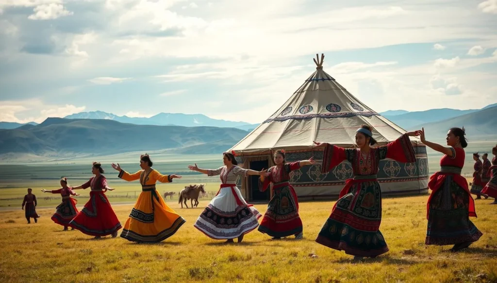 A grand Mongolian cultural performance set against the backdrop of vast grasslands and distant mountains. In the foreground, skilled performers dressed in vibrant traditional costumes gracefully execute intricate dance moves, their movements flowing like the wind. The middle ground features a large yurt, its ornate decorations and billowing fabrics adding texture and warmth to the scene. Soft, natural lighting bathes the entire tableau, casting a golden glow and creating a sense of timelessness. The overall atmosphere evokes the rich heritage and tranquil beauty of Mongolian nomadic life.