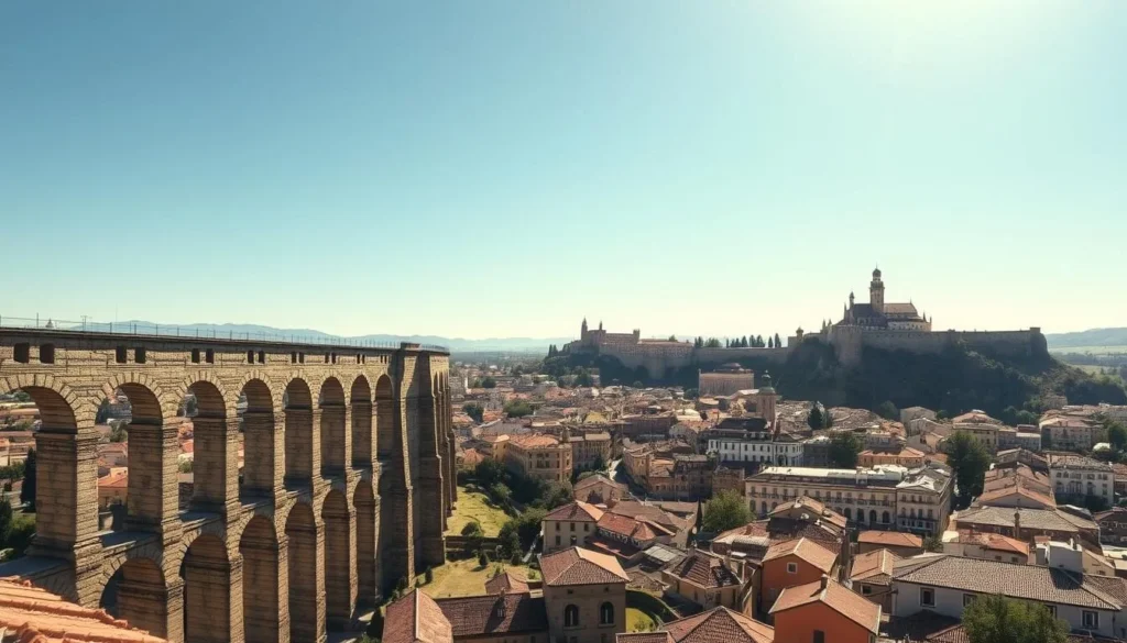 A grand Segovia cityscape under a bright, azure sky. In the foreground, the majestic Aqueduct of Segovia, its towering arches and ancient stone commanding attention. In the middle ground, the charming Old Town with its medieval architecture, terracotta rooftops, and winding cobblestone streets. In the background, the iconic Alcázar of Segovia, a stunning fairytale castle perched atop a rocky outcrop. Warm, golden sunlight bathes the scene, casting soft shadows and highlighting the city's timeless beauty. Capture the sense of history, wonder, and enchantment that defines this picturesque Spanish city.