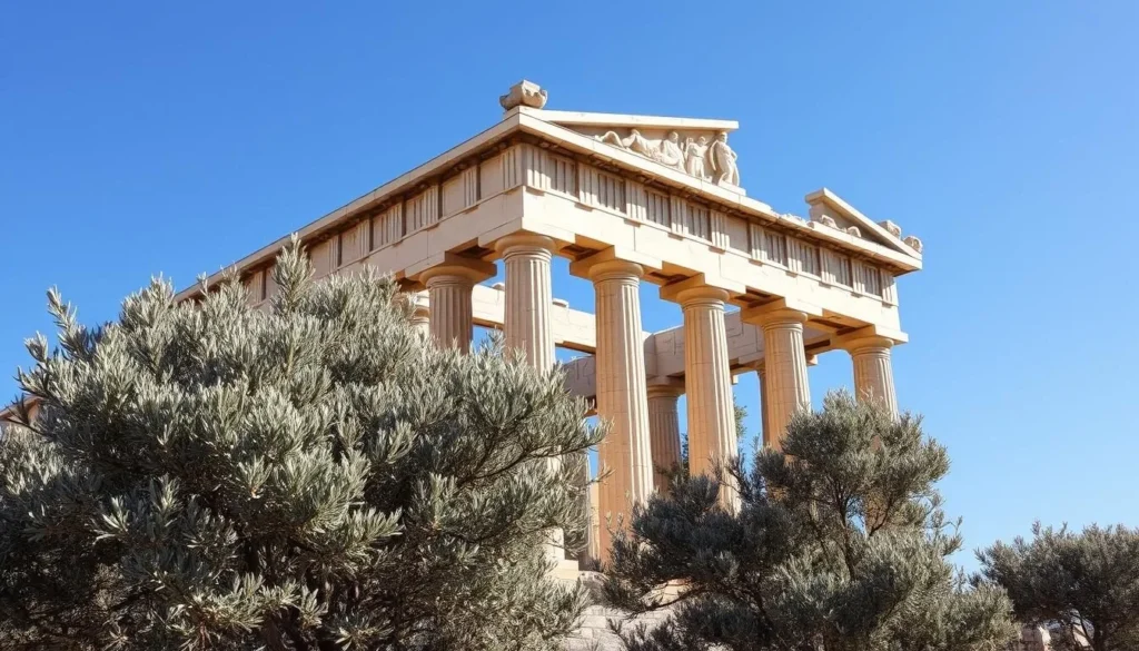 A grand ancient Greek temple nestled on the island of Aegina, the Temple of Apollo Aegina stands tall against a clear azure sky. Towering Doric columns support a pediment adorned with intricate mythological sculptures, casting dramatic shadows across the weathered stone. In the tranquil foreground, olive trees sway gently in the breeze, their silvery leaves glimmering in the warm Mediterranean sunlight. The temple's rugged, timeless grandeur reflects the island's rich history, inviting visitors to step back in time and marvel at the architectural and artistic achievements of the classical era.