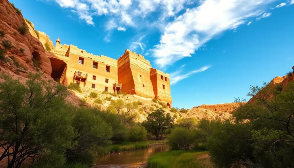 A grand ancient cliff dwelling nestled in the arid Arizona landscape, Montezuma Castle rises majestically against a clear azure sky. Delicate sandstone walls and intricate architectural details evoke the ingenuity of the Sinagua people who once called this place home. Dappled sunlight filters through the surrounding foliage, casting warm shadows over the weathered exterior. In the foreground, a tranquil stream meanders through the verdant valley, mirroring the serene and timeless atmosphere of this historic site. The viewer is drawn into a vivid reimagining of the castle's storied past, immersed in the quiet grandeur of this remarkable Southwestern landmark.
